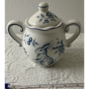 Maxcera Blue & White French Toile Sugar Bowl Bunny Rabbit Cabbage Rose Design